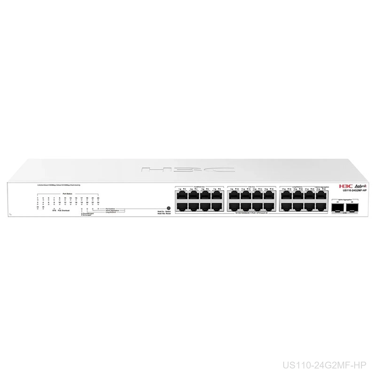 [US110-24G2MF-HP] H3C US110-24G2MF-HP, Aolynk 24-Port Gigabit PoE+, 370W, 2x 2.5G SFP