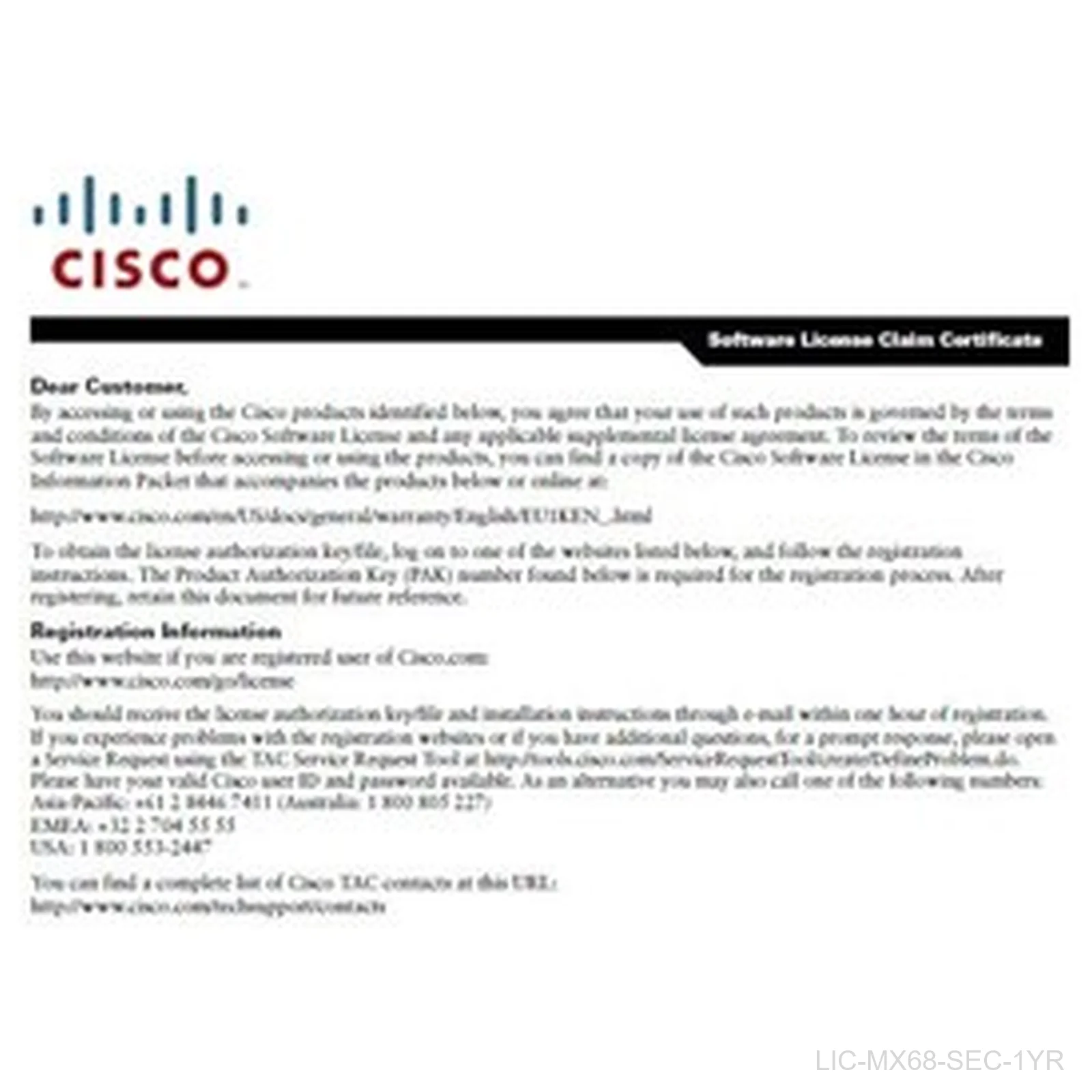 Cisco Meraki LIC-MX68-SEC-1YR Advanced Security License for MX68, 1-Year