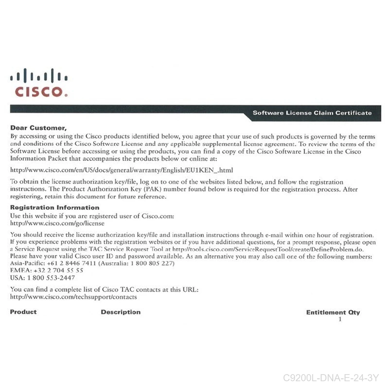 Cisco C9200L-DNA-E-24-3Y Catalyst 9200L DNA Essentials 24-Port 3-Year License