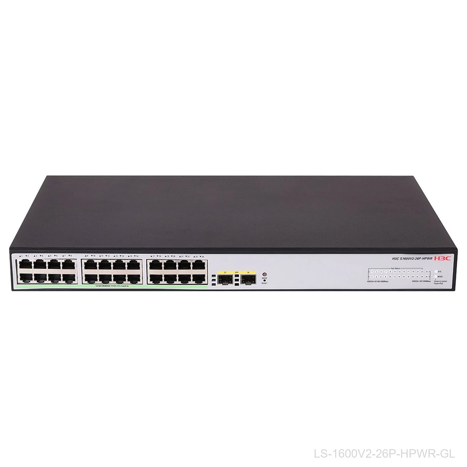 H3C LS-1600V2-26P-HPWR-GL 24-Port Web Managed PoE+ Switch, 370W, 2x 1G SFP, 9801A67Q