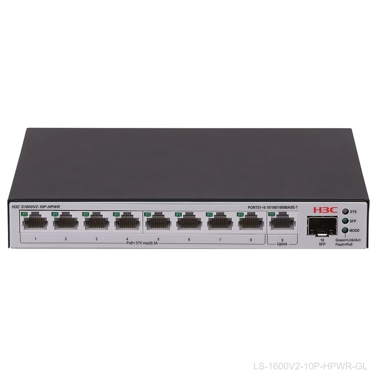 H3C LS-1600V2-10P-HPWR-GL 8-Port Web Managed PoE+ Switch, 125W, 1x SFP, 9801A67W