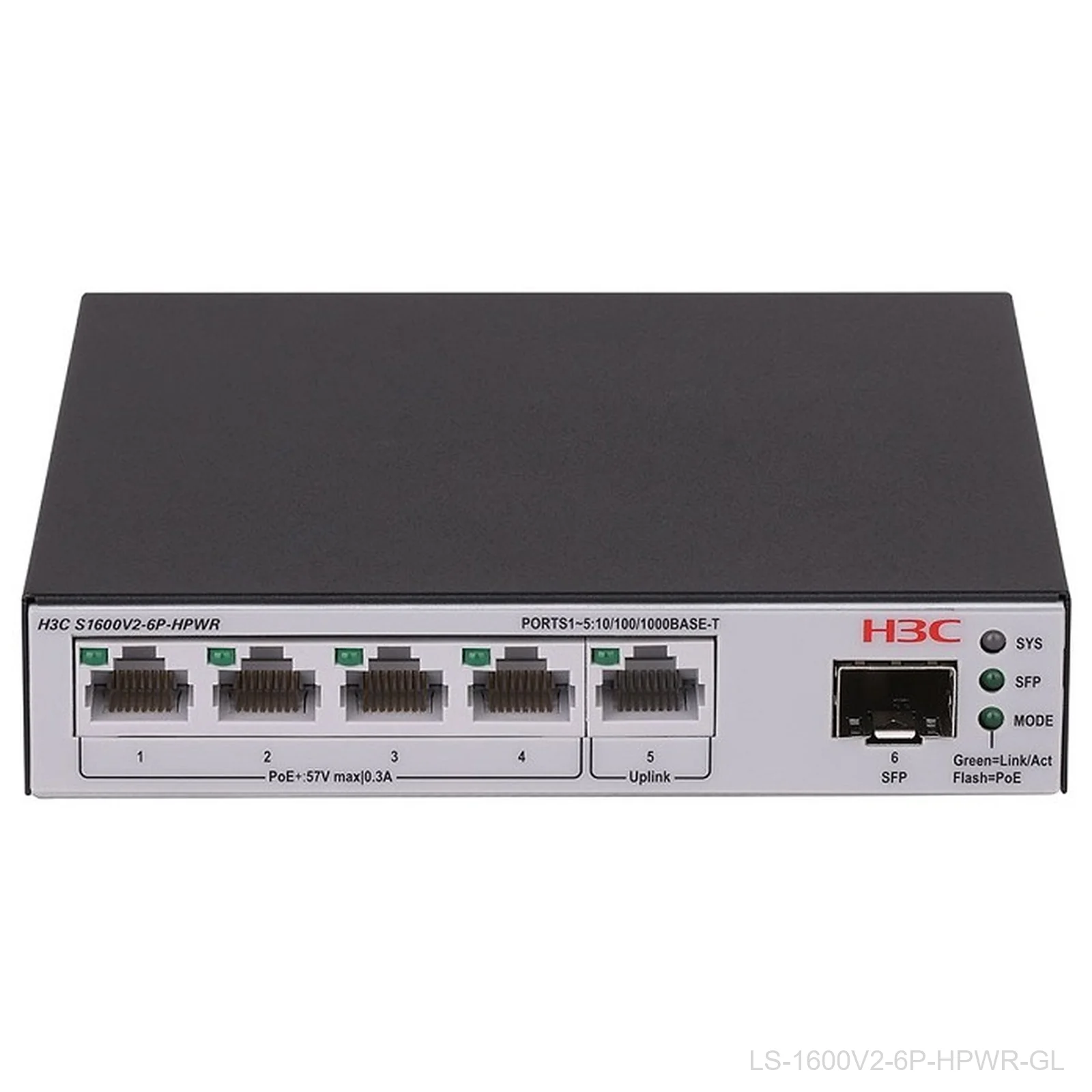 H3C LS-1600V2-6P-HPWR-GL 5-Port Web Managed PoE+ Switch, 73W, 1x SFP, 9801A68X