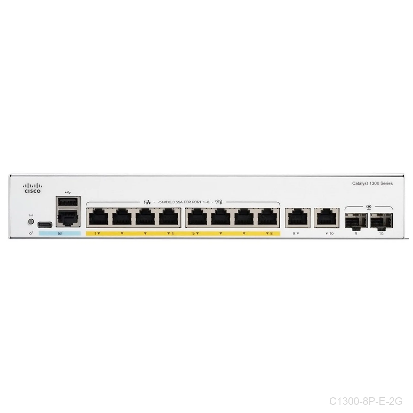 Cisco C1300-8P-E-2G, 8 ports Giga POE+ 60W + 2 x 1G SFP and RJ-45 combo uplink ports, Catalyst Switch